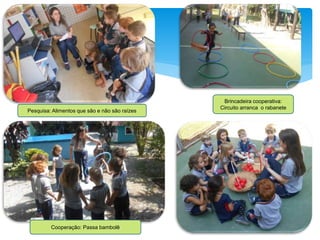 Pesquisa: Alimentos que são e não são raízes
Brincadeira cooperativa:
Circuito arranca o rabanete
Cooperação: Passa bambolê
 