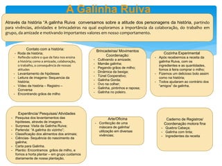 Através da história “A galinha Ruiva conversamos sobre a atitude dos personagens da história, partindo
para vivências, atividades e brincadeiras na qual exploramos a importância da colaboração, do trabalho em
grupo, da amizade e motivando importantes valores em nosso comportamento.
A Galinha Ruiva
Contato com a história:
- Roda de história;
- Reflexão sobre o que de fato nos ensina
a história; como a amizade, colaboração,
o trabalho, a consequência de nossas
atitudes
- Levantamento de hipóteses
- Leitura de imagens- Sequencia da
história;
- Vídeo da história – Registro –
Conversa
- Encontrando grãos de milho
Brincadeiras/ Movimentos
Coordenação:
- Cultivando a amizade;
- Mamãe galinha;
- Pegando grãos de milho;
- Dinâmica da bexiga;
- Túnel Cooperativo;
- Galinha Gorda;
- Ovo na colher;
- Galinha, pintinhos e raposa;
- Galinha no poleiro.
Cozinha Experimental
- Após recebermos a receita da
galinha Ruiva, com os
ingredientes e as quantidades,
fomos à feira comprar o milho;
- Fizemos um delicioso bolo assim
como na história;
- Todos ajudaram ao contrário dos
“amigos” da galinha.
Experiência/ Pesquisas/ Atividades
- Pesquisa dos levantamentos das
hipóteses, através de imagens.
- Surpresa: Visita da Galinha Ruiva;
- Parlenda: “A galinha do vizinho”;
- Classificação dos alimentos dos animais;
- Ciências- Sequência do nascimento da
galinha;
- Carta para Galinha.
- Plantio: Encontramos grãos de milho, e
fomos a horta plantar – em grupo cuidamos
diariamente de nossa plantação,
Arte/Oficina
- Confecção de uma
máscara de galinha/
utilização em diversas
vivências;
Caderno de Registros/
Coordenação motora fina
- Quebra Cabeça;
- Galinha com tinta;
- Ingredientes da receita
 