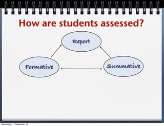 How are students assessed?
Formative
Report
Summative
Wednesday, 11 September, 13
 