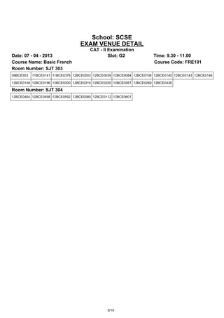 School: SCSE
                                  EXAM VENUE DETAIL
                                       CAT - II Examination
Date: 07 - 04 - 2013                            Slot: G2              Time: 9.30 - 11.00
Course Name: Basic French                                             Course Code: FRE101
Room Number: SJT 303
09BCE553   11BCE0141 11BCE0376 12BCE0003 12BCE0039 12BCE0084 12BCE0108 12BCE0140 12BCE0143 12BCE0146

12BCE0148 12BCE0196 12BCE0200 12BCE0210 12BCE0220 12BCE0267 12BCE0269 12BCE0426

Room Number: SJT 304
12BCE0464 12BCE0498 12BCE0592 12BCE0080 12BCE0112 12BCE0601




                                                5/10
 