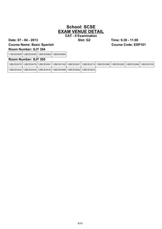 School: SCSE
                                 EXAM VENUE DETAIL
                                      CAT - II Examination
Date: 07 - 04 - 2013                           Slot: G2              Time: 9.30 - 11.00
Course Name: Basic Spanish                                           Course Code: ESP101
Room Number: SJT 304
11BCE0009 12BCE0058 12BCE0060 12BCE0065

Room Number: SJT 305
12BCE0076 12BCE0079 12BCE0091 12BCE0192 12BCE0261 12BCE0274 12BCE0280 12BCE0283 12BCE0284 12BCE0335

12BCE0422 12BCE0434 12BCE0435 12BCE0468 12BCE0502 12BCE0523




                                               8/10
 