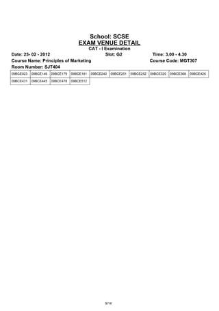 School: SCSE
                                    EXAM VENUE DETAIL
                                   CAT - I Examination
Date: 25- 02 - 2012                        Slot: G2                           Time: 3.00 - 4.30
Course Name: Principles of Marketing                                         Course Code: MGT307
Room Number: SJT404
09BCE023   09BCE146   09BCE179   09BCE181   09BCE243   09BCE251   09BCE252   09BCE320   09BCE368   09BCE426

09BCE431   09BCE445   09BCE478   09BCE512




                                                   9/14
 