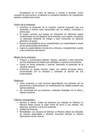 Compitiendo en el rubro de Delivery o comida a domicilio. Como
concepto de este servicio, es elaborar un excelente sándwich con ingredientes
caseros y exóticos del mundo.


Visión de la empresa
   •   Contribuir al desarrollo de la industria nacional buscando que sus
       productos y marcas sean reconocidos por su calidad, innovación y
       precio justo.
   •   El equipo humano que trabaje en Compañía de Alimentos estará
       comprometido con los objetivos de la empresa y sus valores, encontrará
       un adecuado ambiente de trabajo y será reconocido su esfuerzo
       personal y de grupo.
   •   Buscar la consolidación de su competitividad y su sostenibilidad a través
       de las oportunidades del entorno.
   •   Lograr su sostenibilidad a través de su eficacia y competitividad, acorde
       a las condiciones del entorno.


Misión de la empresa
   •   Producir y comercializar bebidas, helados, sándwich y otros alimentos
       con los estándares de calidad que satisfagan a nuestros consumidores.
   •   Crecer en forma sostenida y racional, aportando al desarrollo de la
       industria nacional.
   •   Conformar un equipo humano capaz, con sólidos principios éticos,
       comprometido con la empresa y orientado al servicio de sus
       consumidores.


Objetivos
   •   Tener presencia a nivel nacional desarrollando una eficiente red de
       operaciones y distribuidores; sus certificaciones de calidad avalarán sus
       buenas prácticas.
   •   Ser reconocida por sus prácticas y actitudes alineadas con la ética y
       valores humanos.


Valores compartidos
   •   Servicio al cliente. Todas las personas que trabajan en Delivery La
       Plancha deben buscar la mejor forma de servir a sus clientes, con
       eficiencia, prontitud, y de forma sostenida.
   •   Calidad de Producto.
   •   Rentabilidad. Los recursos de Delivery La Plancha deben ser utilizados
       de manera responsable y eficiente, buscando siempre la máxima
       optimización de los mismos.




                                                                              3
 