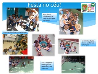 Festa no céu!
Brincando e
conhecendo as
características da
tartaruga.
Pesquisando diferentes tartarugas.
Com muita alegria
demos banho nas
tartarugas!
Essa corrida das
tartarugas foi
realmente uma
aventura!
 