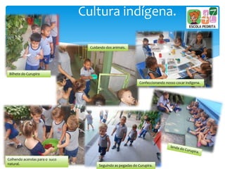 Cultura indígena.
Cuidando dos animais.
Colhendo acerolas para o suco
natural.
Confeccionando nosso cocar indígena.
Seguindo as pegadas do Curupira.
Bilhete do Curupira
Seguindo as pegadas do Curupira.
 