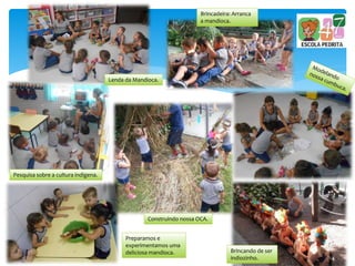 Pesquisa sobre a cultura indígena.
Lenda da Mandioca.
Brincando de ser
indiozinho.
Construindo nossa OCA.
Brincadeira: Arranca
a mandioca.
Preparamos e
experimentamos uma
deliciosa mandioca.
 