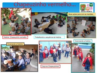 Chapeuzinho vermelho...
História: Chapeuzinho vermelho Trabalhando a sequência da história.
Boas ações para com as mamães...
Caça as Chapeuzinhos!
Vivenciando a história.
Encenando a história.
 