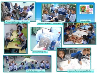 Procurando formigas pela escola.
Pegando terra para o formigueiro.
Nosso formigueiro.
Nosso violão.
Trabalhando em equipe. Caderno: Personagens da fábula.
 