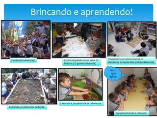 Brincando e aprendendo!
Plantando rabanetes! Confeccionando nosso varal de
história ( O grande rabanete)
Pesquisamos e selecionamos os
alimentos da nossa lista (raízes/rabanete)
Colhendo os rabanetes da horta.
Lavamos e preparamos os rabanetes.
Experimentando o rabanete.
Hum...
Que
delicia!
 