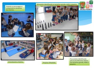 Pintando os personagens e
comparando os tamanhos
dos mesmos.
Brincando e identificando os tamanhos: grande, médio e pequeno.
Pesquisa: Olimpíadas
Procurando e identificando
pela escola diferentes objetos,
nos tamanhos grande, médio e
pequeno.
Dramatizando a história.
 