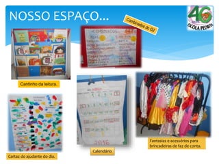 NOSSO ESPAÇO...
Cantinho da leitura.
Cartaz do ajudante do dia.
Fantasias e acessórios para
brincadeiras de faz de conta.
Calendário
 