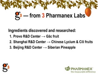  — from 3 Pharmanex LabsIngredients discovered and researched:Provo R&D Center -> Gâc fruit Shanghai R&D Center -> Chinese Lycium & Cili fruits Beijing R&D Center -> Siberian Pineapple