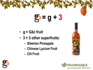 =g+3g = Gâc fruit3 = 3 other superfruits:Siberian PineappleChinese Lycium FruitCili Fruit