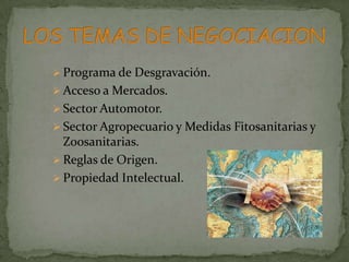  Programa de Desgravación.
 Acceso a Mercados.
 Sector Automotor.
 Sector Agropecuario y Medidas Fitosanitarias y
  Zoosanitarias.
 Reglas de Origen.
 Propiedad Intelectual.
 