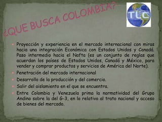  Proyección y experiencia en el mercado internacional con miras
    hacia una integración Económica con Estados Unidos y Canadá.
    Paso intermedio hacia el Nafta (es un conjunto de reglas que
    acuerdan los países de Estados Unidos, Canadá y México, para
    vender y comprar productos y servicios de América del Norte).
   Penetración del mercado internacional
   Desarrollo de la producción y del comercio.
   Salir del aislamiento en el que se encuentra.
   Entre Colombia y Venezuela prima la normatividad del Grupo
    Andino sobre la del G-3, en lo relativo al trato nacional y acceso
    de bienes del mercado.
 
