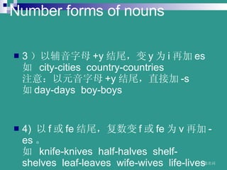 Number forms of nouns 3 Ըĸ +y β y Ϊ i ټ es  ? city-cities??country-countries  ע⣺Ԫĸ +y βֱӼ -s   day-days??boy-boys  4)?  f  fe β f  fe Ϊ v ټ -es   ? knife-knives??half-halves??shelf-shelves??leaf-leaves??wife-wives??life-lives   www.themegallery.com 