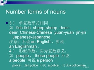 Number forms of nouns 3  ʽͬ  ? fish-fish??sheep-sheep??deer-deer??Chinese-Chinese??yuan-yuan??jin-jin  ???Japanese-Japanese?  ע⣺˵ an?English Ҫ˵ an?Englishman ?  4  ƵʵΪ塣  ? people  these?people? ˵ a?people? ˵ a?person  ?? ?police  ten?police? ˵? a?police ˵ a?policeman  www.themegallery.com 