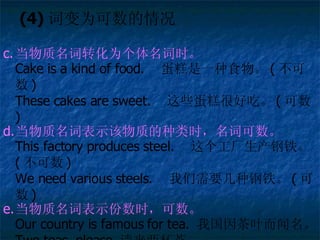 (4) ʱΪ תΪʱ Cake is a kind of food. һʳ (  ) These cakes are sweet. Щܺóԡ (  ) ʱʾʵʱʿ This factory produces steel.  (  ) We need various steels. Ҫָ (  ) ʱʾʱ Our country is famous for tea.  ҹҶ Two teas, please. 衣 