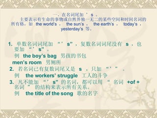һβ  s      ҪʾȻһ޶ĳЩռʱʵи  the worlds    the suns    the earths    todays    yesterdays  ȡ 1.  ʴβ  s  ʴβû  s  ҲҪ  s      the boys bag  к  mens room  в  2.  иβ  s  ֻ      the workers struggle  ˵Ķ  3.  ܼ  s  ʣ    +of +    Ľṹʾйϵ    the title of the song    