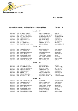 Temp. 2015/2016
CALENDARIO DELIGA PRIMERA CADETE GRAN CANARIA GRUPO 3
Jornada 17
16/01/2016 9:00 ALCOTAN CAN.,CD VIRG. DEL PILAR , CD. EL PILAR
16/01/2016 10:30 COLORADAS, UD LAS VETERANOS DEL PILA "B", JORGE PULIDO
16/01/2016 10:30 COL. NORTE VIERA,CD MESAS BACHICAO.,UD. ALFONSO SILVA
16/01/2016 12:00 HEIDELBERG,CF. TAMARACEITE, U.D. HEIDELBERG
16/01/2016 12:00 SAN LAZARO, U.D. APOLINARIO "A" C.F. LOPEZ SOCAS
16/01/2016 16:00 MARPE, C.D. SAN ANTONIO, U.D. LOPEZ SOCAS
16/01/2016 20:00 SOCCER SCHOOLS FOMENTO "B", ATCO MULTIUSO
17/01/2016 10:30 PUERTOS L.P. "B" C.E.F. LAS TORRES, UD. JUNTA DE OBRAS
Jornada 18
23/01/2016 12:00 TAMARACEITE, U.D. ALCOTAN CAN.,CD JUAN GUEDES
23/01/2016 12:00 LAS TORRES, UD. HEIDELBERG,CF. LAS TORRES
23/01/2016 12:00 MESAS BACHICAO.,UD. COLORADAS, UD LAS LAS MESAS
23/01/2016 12:00 SAN LAZARO, U.D. MARPE, C.D. LOPEZ SOCAS
23/01/2016 12:30 FOMENTO "B", ATCO PUERTOS L.P. "B" C.E.F. BATAN
23/01/2016 16:00 APOLINARIO "A" C.F. COL. NORTE VIERA,CD MULTIUSO
24/01/2016 10:30 VETERANOS DEL PILA SOCCER SCHOOLS COSTA AYALA
24/01/2016 12:00 VIRG. DEL PILAR , CD. SAN ANTONIO, U.D. EL PILAR
Jornada 19
30/01/2016 9:00 ALCOTAN CAN.,CD LAS TORRES, UD. EL PILAR
30/01/2016 10:30 COLORADAS, UD LAS APOLINARIO "A" C.F. JORGE PULIDO
30/01/2016 10:30 COL. NORTE VIERA,CD SAN LAZARO, U.D. ALFONSO SILVA
30/01/2016 12:00 SAN ANTONIO, U.D. TAMARACEITE, U.D. LOPEZ SOCAS
30/01/2016 12:00 HEIDELBERG,CF. FOMENTO "B", ATCO HEIDELBERG
30/01/2016 16:00 MARPE, C.D. VIRG. DEL PILAR , CD. LOPEZ SOCAS
30/01/2016 20:00 SOCCER SCHOOLS MESAS BACHICAO.,UD. MULTIUSO
31/01/2016 10:30 PUERTOS L.P. "B" C.E.F. VETERANOS DEL PILA "B", JUNTA DE OBRAS
Jornada 20
06/02/2016 10:30 COL. NORTE VIERA,CD MARPE, C.D. ALFONSO SILVA
06/02/2016 12:00 TAMARACEITE, U.D. VIRG. DEL PILAR , CD. JUAN GUEDES
06/02/2016 12:00 LAS TORRES, UD. SAN ANTONIO, U.D. LAS TORRES
06/02/2016 12:00 MESAS BACHICAO.,UD. PUERTOS L.P. "B" C.E.F. LAS MESAS
06/02/2016 12:00 SAN LAZARO, U.D. COLORADAS, UD LAS LOPEZ SOCAS
06/02/2016 12:30 FOMENTO "B", ATCO ALCOTAN CAN.,CD BATAN
06/02/2016 16:00 APOLINARIO "A" C.F. SOCCER SCHOOLS MULTIUSO
07/02/2016 10:30 VETERANOS DEL PILA HEIDELBERG,CF. COSTA AYALA
 