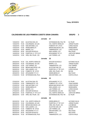 Temp. 2015/2016
CALENDARIO DE LIGA PRIMERA CADETE GRAN CANARIA GRUPO 3
Jornada 21
13/02/2016 9:00 ALCOTAN CAN.,CD VETERANOS DEL PILA "B", EL PILAR
13/02/2016 10:30 COLORADAS, UD LAS COL. NORTE VIERA,CD JORGE PULIDO
13/02/2016 12:00 SAN ANTONIO, U.D. FOMENTO "B", ATCO LOPEZ SOCAS
13/02/2016 12:00 HEIDELBERG,CF. MESAS BACHICAO.,UD. HEIDELBERG
13/02/2016 16:00 MARPE, C.D. TAMARACEITE, U.D. LOPEZ SOCAS
13/02/2016 20:00 SOCCER SCHOOLS SAN LAZARO, U.D. MULTIUSO
14/02/2016 10:30 PUERTOS L.P. "B" C.E.F. APOLINARIO "A" C.F. JUNTA DE OBRAS
14/02/2016 12:00 VIRG. DEL PILAR , CD. LAS TORRES, UD. EL PILAR
Jornada 22
20/02/2016 10:30 COL. NORTE VIERA,CD SOCCER SCHOOLS ALFONSO SILVA
20/02/2016 10:30 COLORADAS, UD LAS MARPE, C.D. JORGE PULIDO
20/02/2016 12:00 LAS TORRES, UD. TAMARACEITE, U.D. LAS TORRES
20/02/2016 12:00 MESAS BACHICAO.,UD. ALCOTAN CAN.,CD LAS MESAS
20/02/2016 12:00 SAN LAZARO, U.D. PUERTOS L.P. "B" C.E.F. LOPEZ SOCAS
20/02/2016 12:30 FOMENTO "B", ATCO VIRG. DEL PILAR , CD. BATAN
20/02/2016 16:00 APOLINARIO "A" C.F. HEIDELBERG,CF. MULTIUSO
21/02/2016 10:30 VETERANOS DEL PILA SAN ANTONIO, U.D. COSTA AYALA
Jornada 23
27/02/2016 9:00 ALCOTAN CAN.,CD APOLINARIO "A" C.F. EL PILAR
27/02/2016 12:00 TAMARACEITE, U.D. FOMENTO "B", ATCO JUAN GUEDES
27/02/2016 12:00 SAN ANTONIO, U.D. MESAS BACHICAO.,UD. LOPEZ SOCAS
27/02/2016 12:00 HEIDELBERG,CF. SAN LAZARO, U.D. HEIDELBERG
27/02/2016 16:00 MARPE, C.D. LAS TORRES, UD. LOPEZ SOCAS
27/02/2016 20:00 SOCCER SCHOOLS COLORADAS, UD LAS MULTIUSO
28/02/2016 10:30 PUERTOS L.P. "B" C.E.F. COL. NORTE VIERA,CD JUNTA DE OBRAS
28/02/2016 12:00 VIRG. DEL PILAR , CD. VETERANOS DEL PILA "B", EL PILAR
Jornada 24
05/03/2016 10:30 COL. NORTE VIERA,CD HEIDELBERG,CF. ALFONSO SILVA
05/03/2016 10:30 COLORADAS, UD LAS PUERTOS L.P. "B" C.E.F. JORGE PULIDO
05/03/2016 12:00 MESAS BACHICAO.,UD. VIRG. DEL PILAR , CD. LAS MESAS
05/03/2016 12:00 SAN LAZARO, U.D. ALCOTAN CAN.,CD LOPEZ SOCAS
05/03/2016 12:30 FOMENTO "B", ATCO LAS TORRES, UD. BATAN
05/03/2016 16:00 APOLINARIO "A" C.F. SAN ANTONIO, U.D. MULTIUSO
05/03/2016 20:00 SOCCER SCHOOLS MARPE, C.D. MULTIUSO
06/03/2016 10:30 VETERANOS DEL PILA TAMARACEITE, U.D. COSTA AYALA
 