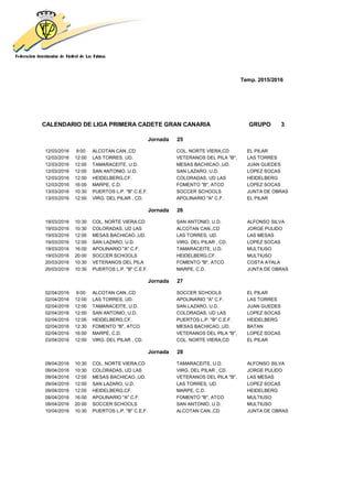 Temp. 2015/2016
CALENDARIO DE LIGA PRIMERA CADETE GRAN CANARIA GRUPO 3
Jornada 25
12/03/2016 9:00 ALCOTAN CAN.,CD COL. NORTE VIERA,CD EL PILAR
12/03/2016 12:00 LAS TORRES, UD. VETERANOS DEL PILA "B", LAS TORRES
12/03/2016 12:00 TAMARACEITE, U.D. MESAS BACHICAO.,UD. JUAN GUEDES
12/03/2016 12:00 SAN ANTONIO, U.D. SAN LAZARO, U.D. LOPEZ SOCAS
12/03/2016 12:00 HEIDELBERG,CF. COLORADAS, UD LAS HEIDELBERG
12/03/2016 16:00 MARPE, C.D. FOMENTO "B", ATCO LOPEZ SOCAS
13/03/2016 10:30 PUERTOS L.P. "B" C.E.F. SOCCER SCHOOLS JUNTA DE OBRAS
13/03/2016 12:00 VIRG. DEL PILAR , CD. APOLINARIO "A" C.F. EL PILAR
Jornada 26
19/03/2016 10:30 COL. NORTE VIERA,CD SAN ANTONIO, U.D. ALFONSO SILVA
19/03/2016 10:30 COLORADAS, UD LAS ALCOTAN CAN.,CD JORGE PULIDO
19/03/2016 12:00 MESAS BACHICAO.,UD. LAS TORRES, UD. LAS MESAS
19/03/2016 12:00 SAN LAZARO, U.D. VIRG. DEL PILAR , CD. LOPEZ SOCAS
19/03/2016 16:00 APOLINARIO "A" C.F. TAMARACEITE, U.D. MULTIUSO
19/03/2016 20:00 SOCCER SCHOOLS HEIDELBERG,CF. MULTIUSO
20/03/2016 10:30 VETERANOS DEL PILA FOMENTO "B", ATCO COSTA AYALA
20/03/2016 10:30 PUERTOS L.P. "B" C.E.F. MARPE, C.D. JUNTA DE OBRAS
Jornada 27
02/04/2016 9:00 ALCOTAN CAN.,CD SOCCER SCHOOLS EL PILAR
02/04/2016 12:00 LAS TORRES, UD. APOLINARIO "A" C.F. LAS TORRES
02/04/2016 12:00 TAMARACEITE, U.D. SAN LAZARO, U.D. JUAN GUEDES
02/04/2016 12:00 SAN ANTONIO, U.D. COLORADAS, UD LAS LOPEZ SOCAS
02/04/2016 12:00 HEIDELBERG,CF. PUERTOS L.P. "B" C.E.F. HEIDELBERG
02/04/2016 12:30 FOMENTO "B", ATCO MESAS BACHICAO.,UD. BATAN
02/04/2016 16:00 MARPE, C.D. VETERANOS DEL PILA "B", LOPEZ SOCAS
03/04/2016 12:00 VIRG. DEL PILAR , CD. COL. NORTE VIERA,CD EL PILAR
Jornada 28
09/04/2016 10:30 COL. NORTE VIERA,CD TAMARACEITE, U.D. ALFONSO SILVA
09/04/2016 10:30 COLORADAS, UD LAS VIRG. DEL PILAR , CD. JORGE PULIDO
09/04/2016 12:00 MESAS BACHICAO.,UD. VETERANOS DEL PILA "B", LAS MESAS
09/04/2016 12:00 SAN LAZARO, U.D. LAS TORRES, UD. LOPEZ SOCAS
09/04/2016 12:00 HEIDELBERG,CF. MARPE, C.D. HEIDELBERG
09/04/2016 16:00 APOLINARIO "A" C.F. FOMENTO "B", ATCO MULTIUSO
09/04/2016 20:00 SOCCER SCHOOLS SAN ANTONIO, U.D. MULTIUSO
10/04/2016 10:30 PUERTOS L.P. "B" C.E.F. ALCOTAN CAN.,CD JUNTA DE OBRAS
 