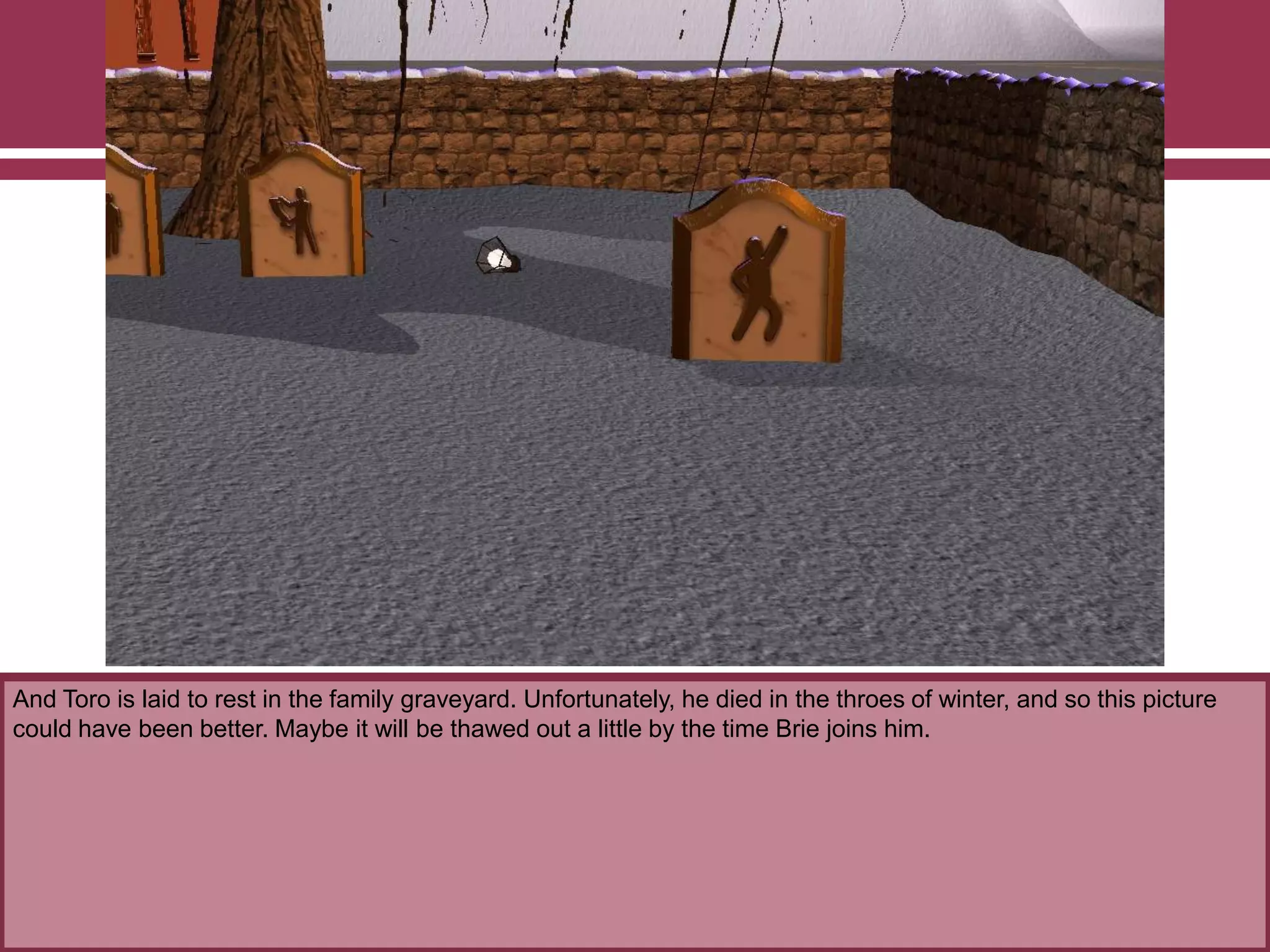 And Toro is laid to rest in the family graveyard. Unfortunately, he died in the throes of winter, and so this picture
could have been better. Maybe it will be thawed out a little by the time Brie joins him.
 