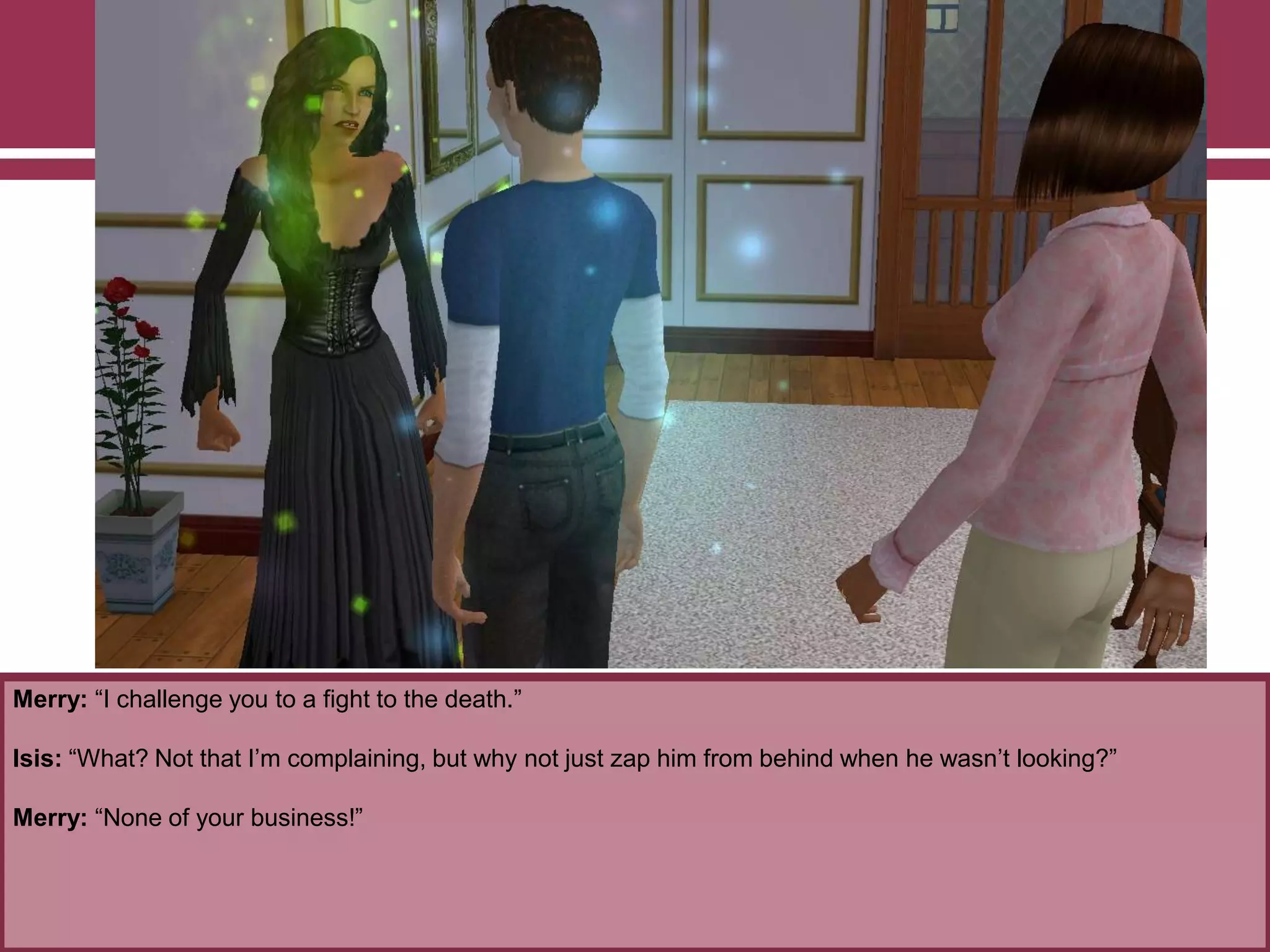 Merry: “I challenge you to a fight to the death.”
Isis: “What? Not that I‟m complaining, but why not just zap him from behind when he wasn‟t looking?”
Merry: “None of your business!”
 