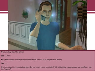 Arc: [Um, hey, Dez. This is Arc.]
Dez: “…Arc?”
Arc: [Yeah. Listen, I‟m really sorry I‟ve been AWOL, I had a lot of things to think about.]
Dez: “…”
Arc: [Um, okay. Hey, I heard about Mom. Do you mind if I come over today? Talk a little while, maybe share a cup of coffee… visit
Mom‟s grave?]
 