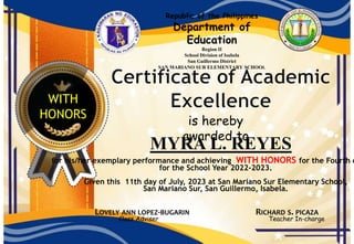 Republic of the Philippines
Department of
Education
Region II
School Division of Isabela
San Guillermo District
SAN MARIANO SUR ELEMENTARY SCHOOL
is hereby
awarded to
MYRA L. REYES
for his/her exemplary performance and achieving WITH HONORS for the Fourth q
for the School Year 2022-2023.
Given this 11th day of July, 2023 at San Mariano Sur Elementary School,
San Mariano Sur, San Guillermo, Isabela.
LOVELY ANN LOPEZ-BUGARIN
Class Adviser
RICHARD S. PICAZA
Teacher In-charge
WITH
HONORS
 