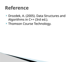  Drozdek, A. (2005). Data Structures and
Algorithms in C++ (3rd ed.).
 Thomson Course Technology.
Reference
 