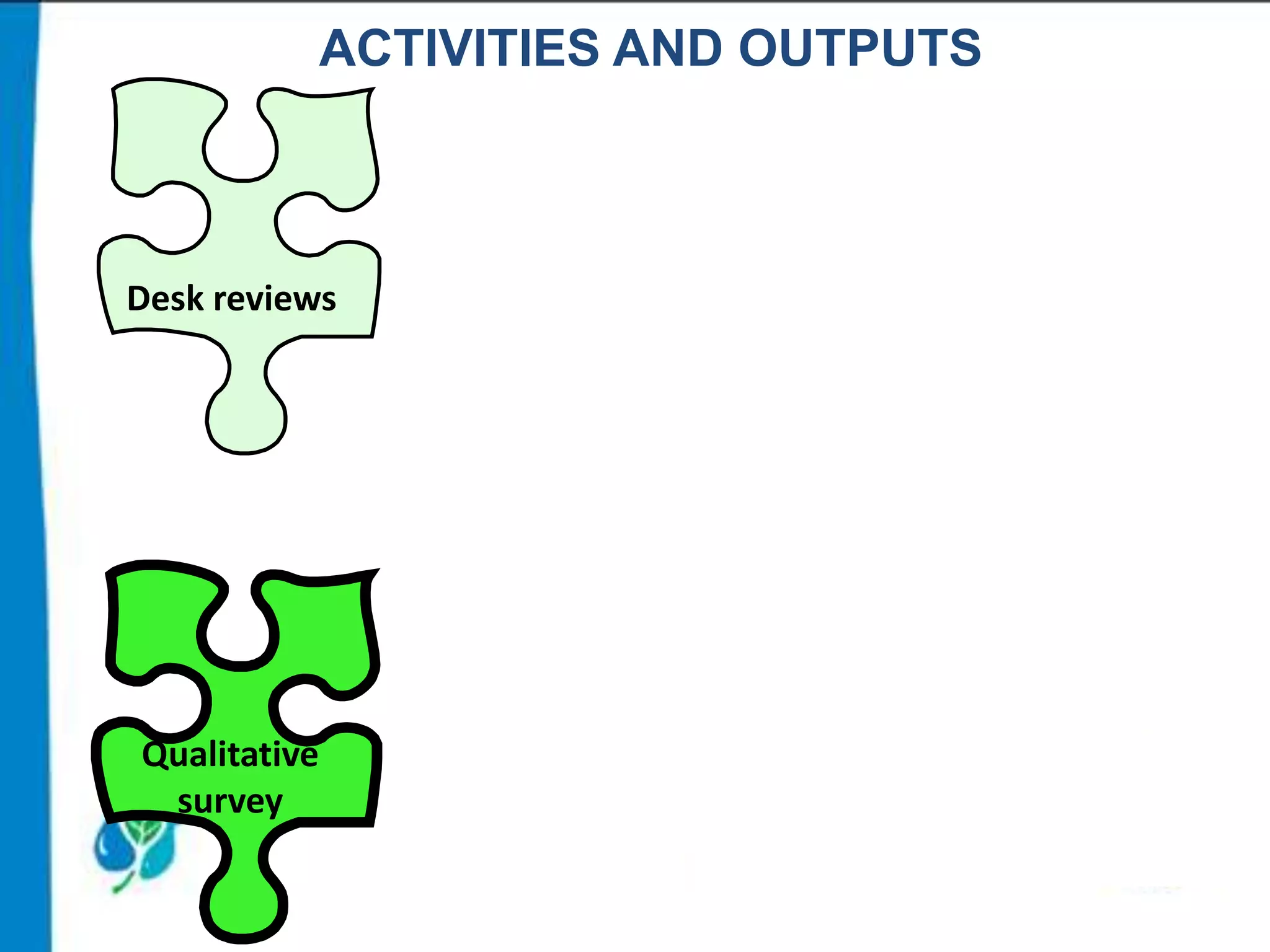 ACTIVITIES AND OUTPUTS

Desk reviews

Qualitative
survey

 