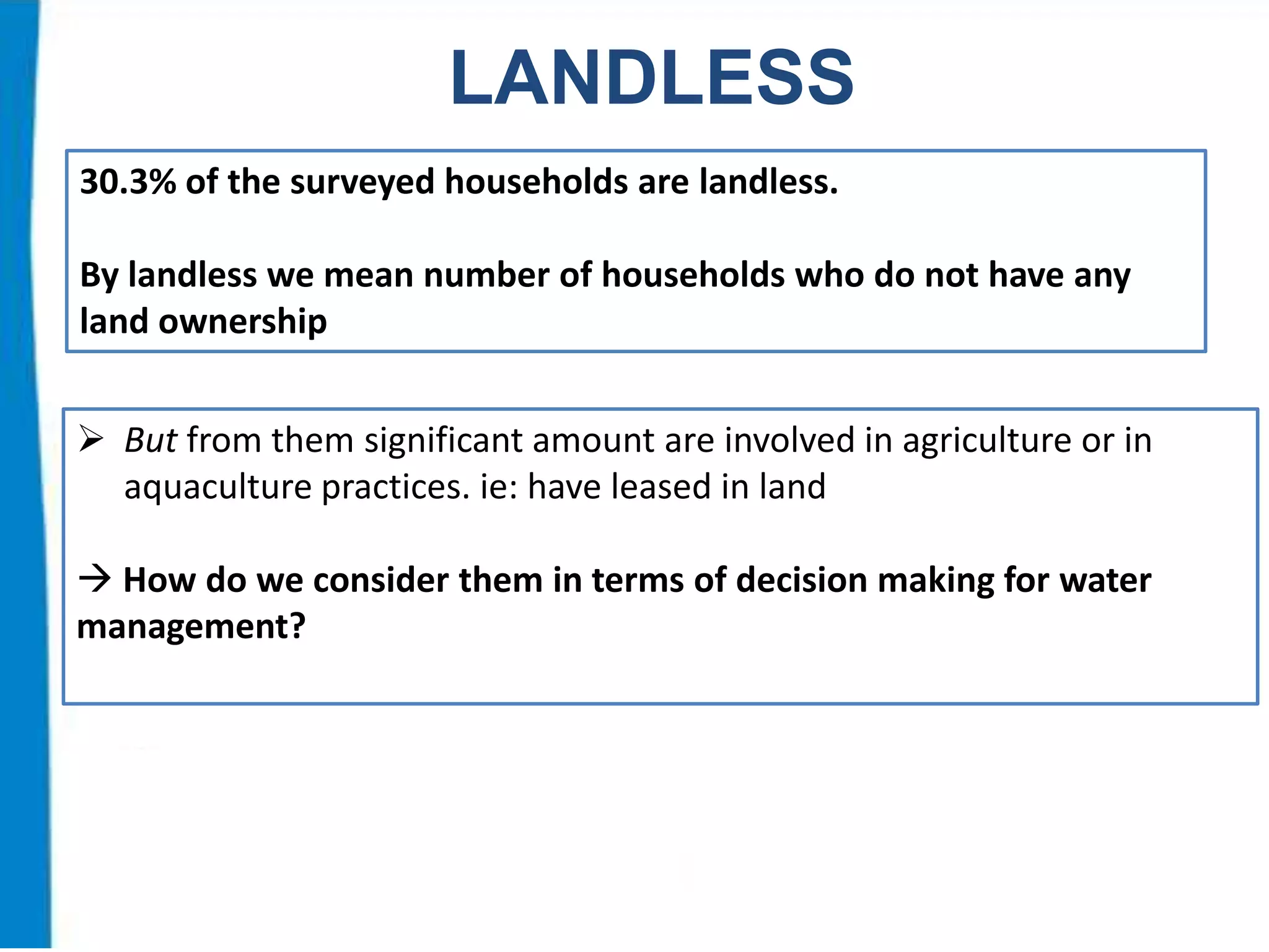 LANDLESS
30.3% of the surveyed households are landless.
By landless we mean number of households who do not have any
land ownership
 But from them significant amount are involved in agriculture or in
aquaculture practices. ie: have leased in land
 How do we consider them in terms of decision making for water
management?

 