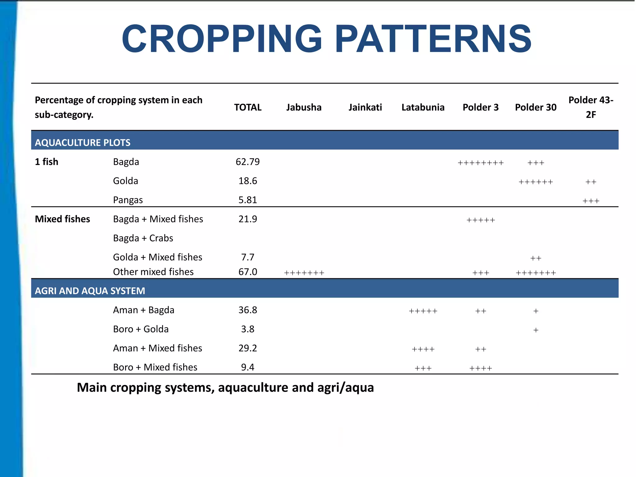 CROPPING PATTERNS
Percentage of cropping system in each
sub-category.

TOTAL

Jabusha

Jainkati

Latabunia

Polder 3

Polder 30

++++++++

Polder 432F

+++

AQUACULTURE PLOTS
1 fish

Bagda
Golda

18.6

Pangas
Mixed fishes

62.79

5.81

Bagda + Mixed fishes

21.9

++++++

+++
+++++

Bagda + Crabs
Golda + Mixed fishes
Other mixed fishes

7.7
67.0

++

++
+++++++

+++

+++++++

++

+

AGRI AND AQUA SYSTEM
Aman + Bagda

36.8

Boro + Golda

3.8

Aman + Mixed fishes

29.2

++++

++

Boro + Mixed fishes

9.4

+++

++++

Main cropping systems, aquaculture and agri/aqua

+++++

+

 
