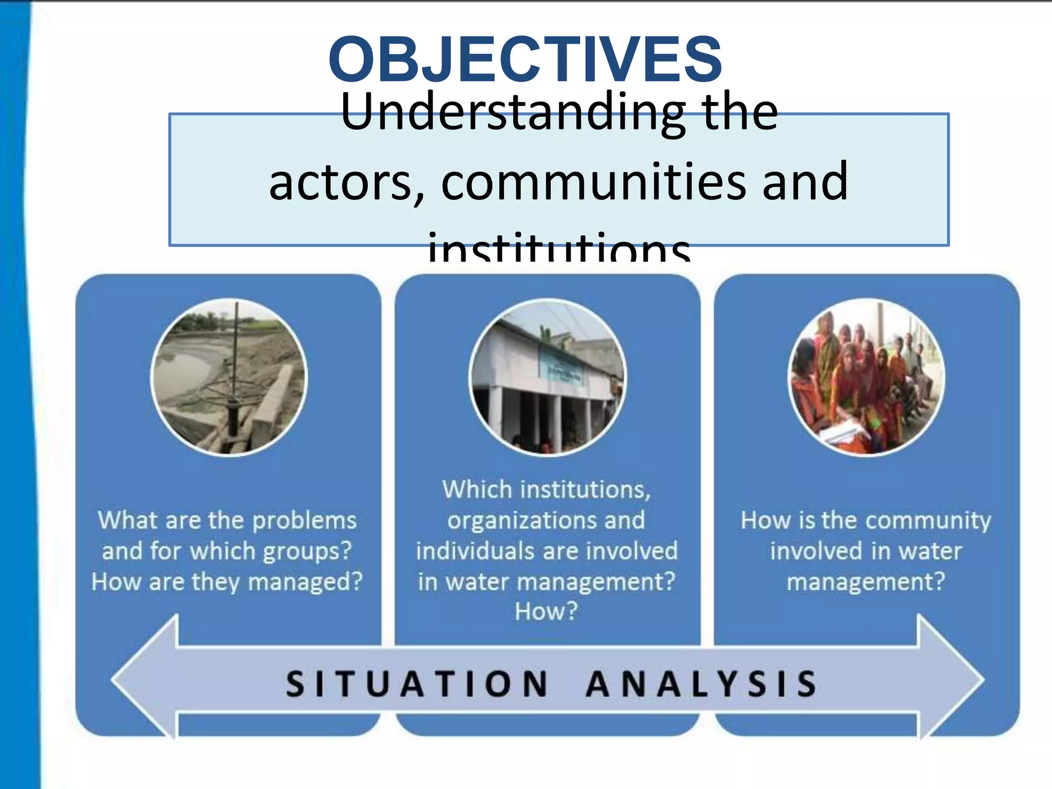OBJECTIVES

Understanding the
actors, communities and
institutions

 