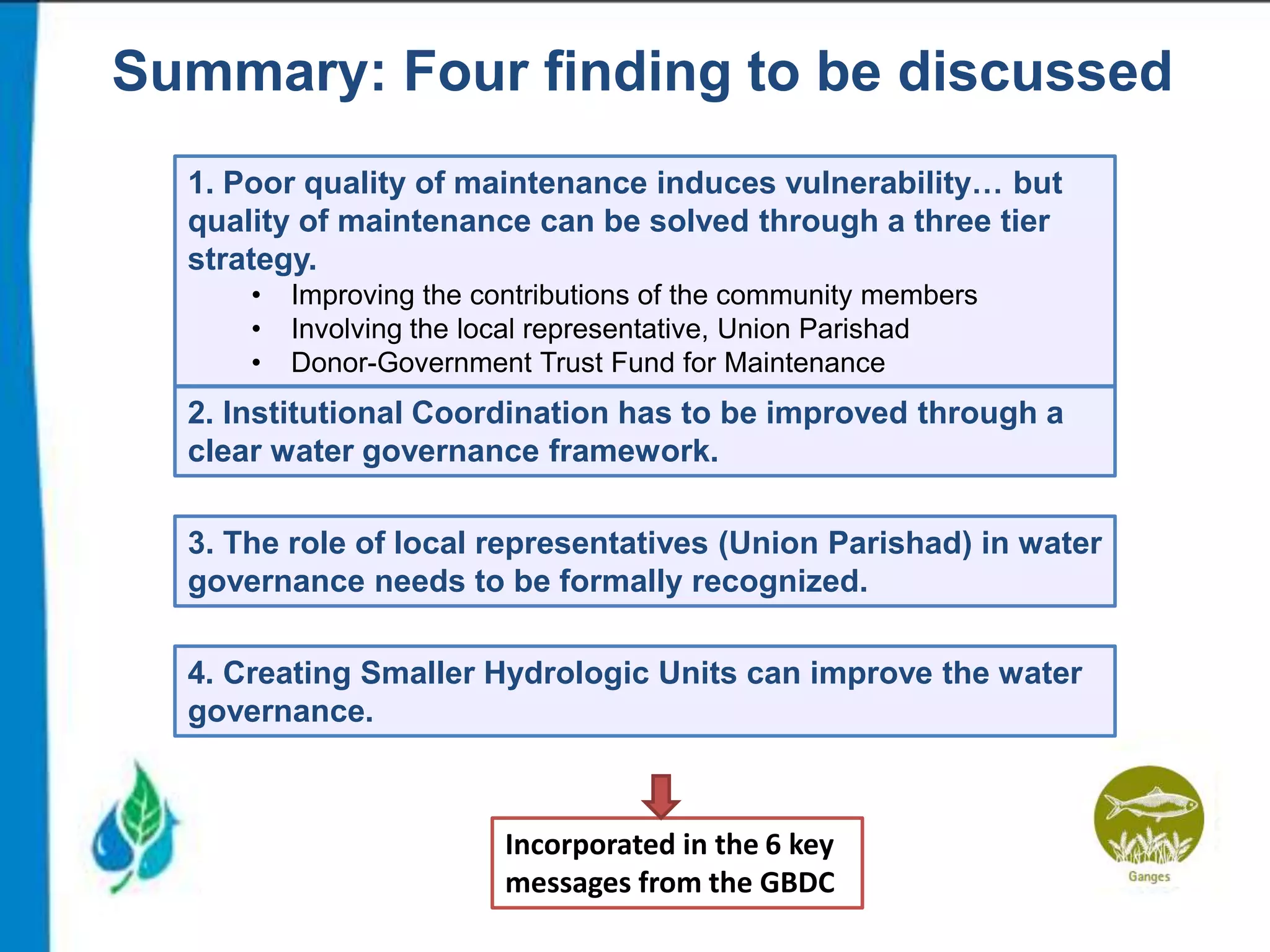 Summary: Four finding to be discussed
1. Poor quality of maintenance induces vulnerability… but
quality of maintenance can be solved through a three tier
strategy.
•
•
•

Improving the contributions of the community members
Involving the local representative, Union Parishad
Donor-Government Trust Fund for Maintenance

2. Institutional Coordination has to be improved through a
clear water governance framework.
3. The role of local representatives (Union Parishad) in water
governance needs to be formally recognized.
4. Creating Smaller Hydrologic Units can improve the water
governance.

Incorporated in the 6 key
messages from the GBDC

 