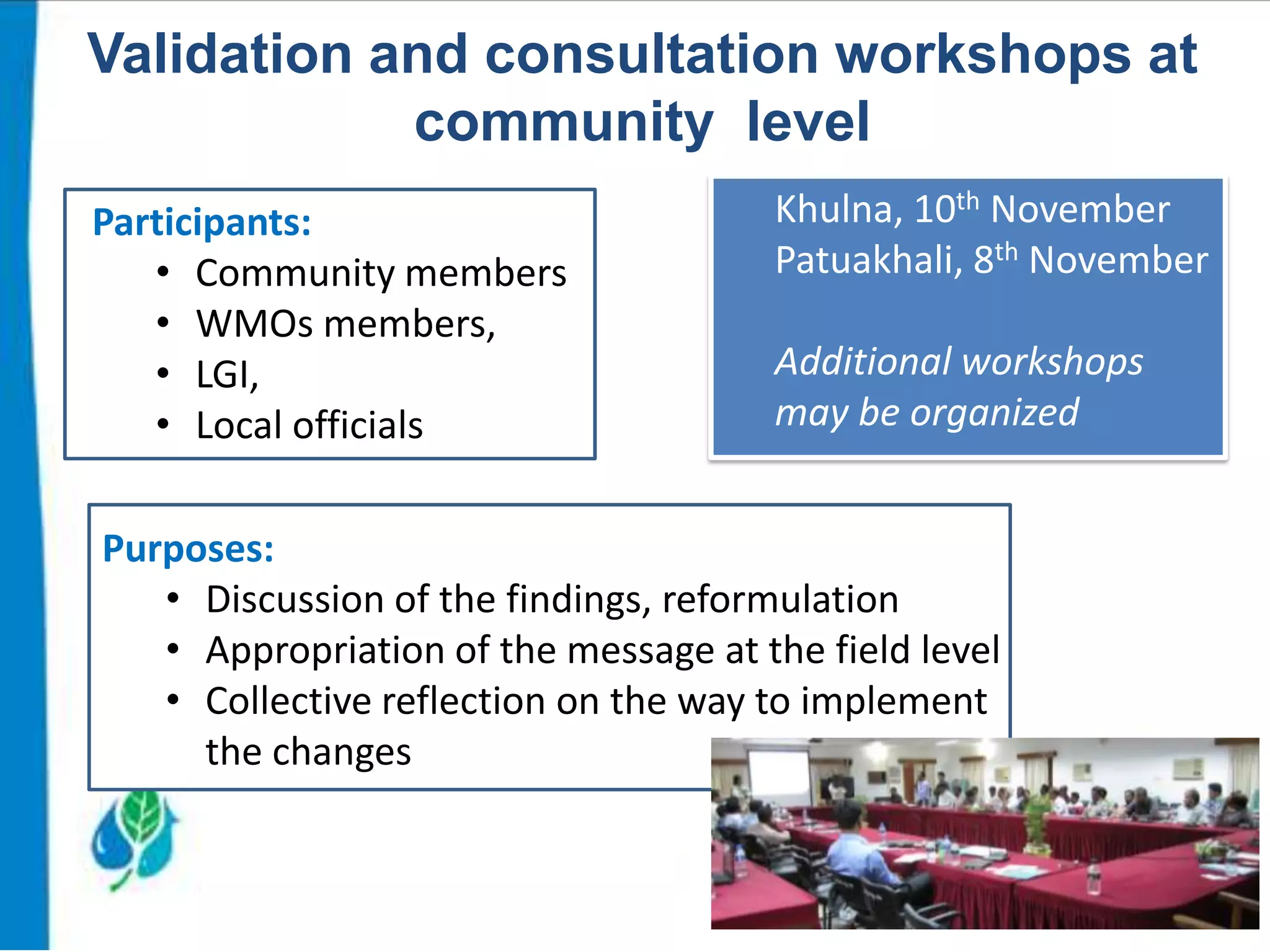 Validation and consultation workshops at
community level
Participants:
• Community members
• WMOs members,
• LGI,
• Local officials

Khulna, 10th November
Patuakhali, 8th November
Additional workshops
may be organized

Purposes:
• Discussion of the findings, reformulation
• Appropriation of the message at the field level
• Collective reflection on the way to implement
the changes

 