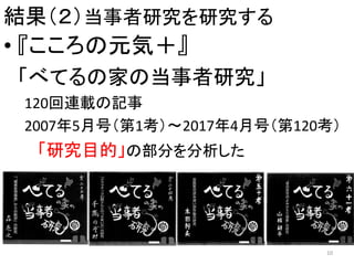 結果（２）当事者研究を研究する
• 『こころの元気＋』
「べてるの家の当事者研究」
120回連載の記事
2007年5月号（第1考）～2017年4月号（第120考）
「研究目的」の部分を分析した
10
 