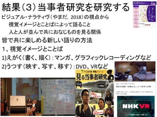 結果（３）当事者研究を研究する
ビジュアル・ナラティヴ（やまだ，2018）の視点から
視覚イメージとことばによって語ること
人と人が並んで共におなじものを見る関係
皆で共に楽しめる新しい語りの方法
１、視覚イメージとことば
1)えがく（書く、描く）：マンガ、グラフィックレコーディングなど
2)うつす（映す、写す、移す）：DVD、VRなど
12
 
