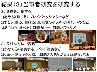 結果（３）当事者研究を研究する
２、身体を活用する
1)あそぶ（演じる）:プレイバックシアターなど
2)まとう（着る、着ける）:幻聴さんイラスト入りＴシャツなど
3)あじわう（食べる）:幻聴カレー、幻聴パフェなど
３、多様な方法で表現
1)かなでる（演奏する）:バンド演奏など
2)うたう（歌う）:替え歌、「幻聴さんありがとう」と歌う、など
13
 