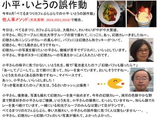 小平・いとうの誤作動
今年8月「べてるまつりカフェぶらぶらでの小平･いとうの誤作動」
他人事メソッド（大矢英明，2014;2015;2018）で報告。
今日は、べてるまつり。カフェぶらぶらは、大賑わい、わいわいがやがや大繁盛。
小平さん、同じテーブルに和光大学グループの皆で座れて、にっこり。あっ、幻聴カレーきましたね～。
幻聴さん形ニンジンがカレーの真ん中に、パフェには幻聴さん形クッキーがついて、
幻聴さん、今にも動き出しそうですね～。
幻聴カレーの写真を撮りたい小平さん、機械が苦手でデジカメに、いらっとしています。
小平さん、学会ポスターに幻聴カレーの写真をかっこよく入れたいのです。
小平さんの様子に気づかない、いとう先生、横で「電池変えたの？」「幻聴パフェも撮ったら？」
「あーして」「こーして」、立て続けに言って、カレーを食べています。おいしそうですね～。
いとう先生のよくある誤作動ですね～。マイペースです。
あっっ、小平さん、いらっとしました！
「さっき電池変えたのっ」「先生は、うるさいのっっっ」と爆発！
小平さん、爆発後、写真も撮れて幻聴カレーを食べ始めます。今年の幻聴カレー、浦河の色鮮やかな野
菜で野菜好きの小平さんはご機嫌。いとう先生、小平さんの爆発に、むっとしていますね～。知らん顔でカ
レーを食べ続けています。一緒にいる和光グループのみんなは驚いて目がテンです。
べてるまつりのカフェぶらぶら、幸い大賑わい、小平さんの誤作動に気づく人は誰もいません・・・。
小平さん、幻聴カレーと幻聴パフェのいい写真が撮れて、よかったよかった。
4
 