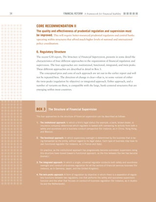 Financial ReFoRm A Framework for Financial Stability



     Core reCommenDation ii
     the quality and effectiveness of prudential regulation and supervision must
     be improved. This	will	require	better-resourced	prudential	regulators	and	central	banks	
     operating	within	structures	that	afford	much	higher	levels	of	national	and	international	
     policy	coordination.	


     6. regulatory Structure
     The	recent	G30	report,	The Structure of Financial Supervision,	presents	in	some	detail	the	
     characteristics	of	four	different	approaches	to	the	organization	of	financial	regulation	and	
     supervision.	The	four	approaches	are:	institutional,	functional,	integrated,	and	twin	peaks.	
     These	different	approaches	are	described	in	detail	in	Box	3.
        The	conceptual	pros	and	cons	of	each	approach	are	set	out	in	the	earlier	report	and	will	
     not	be	repeated	here.	The	direction	of	change	is	clear—that	is,	to	some	variant	of	either	
     the	twin-peaks	(regulation	by	objective)	or	integrated	approach.	Either	approach,	and	a	
     number	of	variants	on	them,	is	compatible	with	the	large,	bank-centered	structures	that	are	
     emerging	within	most	countries.




     Box 3 the Structure of financial Supervision
     The four approaches to the structure of financial supervision can be described as follows.

     1. the institutional approach: In which a firm’s legal status (for example, a bank, broker-dealer, or
        insurance company) determines which regulator is tasked with overseeing its activity from both a
        safety and soundness and a business conduct perspective (for instance, as in China, Hong Kong,
        and Mexico).

     2. the functional approach: In which supervisory oversight is determined by the business that is be-
        ing transacted by the entity, without regard to its legal status. Each type of business may have its
        own functional regulator (for instance, as in France and Italy).

        (In practice, as the institutional approach has progressively become outmoded, supervisors using
        this structure have moved toward a functional approach, so the line between the two has become
        blurred.)

     3. the integrated approach: In which a single, universal regulator conducts both safety and soundness
         oversight and conduct-of-business regulation for all the sectors of financial services business (for
         instance, as in Germany, Japan, and the United Kingdom).

     4. the twin-peaks approach: A form of regulation by objective in which there is a separation of regula-
         tory functions between two regulators: one that performs the safety and soundness supervision
         function and the other that focuses on conduct-of-business regulation (for instance, as in Austra-
         lia and the Netherlands).
 