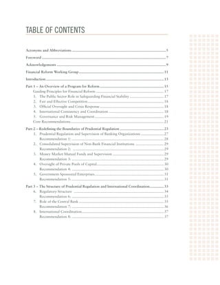 Table oF conTenTs

Acronyms and Abbreviations .............................................................................................. 5

Foreword ............................................................................................................................ 7

Acknowledgements ............................................................................................................. 9

Financial Reform Working Group ..................................................................................... 11

Introduction ...................................................................................................................... 13

Part 1 – An Overview of a Program for Reform ................................................................ 15
	    Guiding	Principles	for	Financial	Reform	.................................................................... 17
     1.		 The	Public	Sector	Role	in	Safeguarding	Financial	Stability	.................................. 17
     2.		 Fair	and	Effective	Competition	............................................................................ 18
     3.		 Official	Oversight	and	Crisis	Response	................................................................ 18
     4.		 International	Consistency	and	Coordination	....................................................... 18
     5.		 Governance	and	Risk	Management	..................................................................... 19
	    Core	Recommendations	............................................................................................. 21

Part 2 – Redefining the Boundaries of Prudential Regulation ............................................ 23
     1.		 Prudential	Regulation	and	Supervision	of	Banking	Organizations	....................... 27
     	 Recommendation	1:	............................................................................................ 28
     2.		 Consolidated	Supervision	of	Non-Bank	Financial	Institutions		............................ 29
     	 Recommendation	2:		........................................................................................... 29
     3.		 Money	Market	Mutual	Funds	and	Supervision	................................................... 29
     	 Recommendation	3:	............................................................................................ 29
     4.		 Oversight	of	Private	Pools	of	Capital	 .................................................................. 30
                                                  .
     	 Recommendation	4:	............................................................................................ 30
     5.		 Government-Sponsored	Enterprises	..................................................................... 31
     	 Recommendation	5:	............................................................................................ 31

Part 3 – The Structure of Prudential Regulation and International Coordination .............. 33
     6.		 Regulatory	Structure		.......................................................................................... 34
     	 Recommendation	6:	............................................................................................ 35
     7.		 Role	of	the	Central	Bank	..................................................................................... 35
     	 Recommendation	7:	............................................................................................ 36
     8.		 International	Coordination	 ................................................................................. 37
                                        .
     	 Recommendation	8:	............................................................................................ 37
 