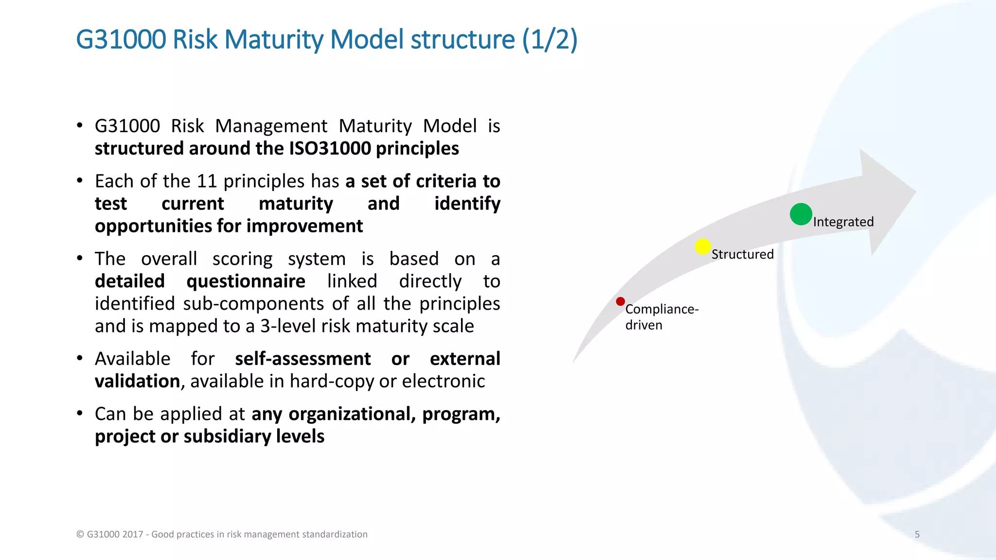 G31000 Risk Maturity Model structure (1/2)
• G31000 Risk Management Maturity Model is
structured around the ISO31000 principles
• Each of the 11 principles has a set of criteria to
test current maturity and identify
opportunities for improvement
• The overall scoring system is based on a
detailed questionnaire linked directly to
identified sub-components of all the principles
and is mapped to a 3-level risk maturity scale
• Available for self-assessment or external
validation, available in hard-copy or electronic
• Can be applied at any organizational, program,
project or subsidiary levels
© G31000 2017 - Good practices in risk management standardization 5
Compliance-
driven
Structured
Integrated
 
