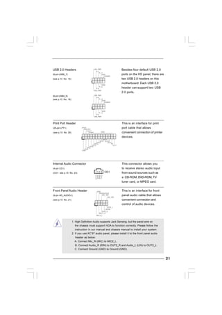 2121212121
1. High Definition Audio supports Jack Sensing, but the panel wire on
the chassis must support HDA to function correctly. Please follow the
instruction in our manual and chassis manual to install your system.
2. If you use AC’97 audio panel, please install it to the front panel audio
header as below:
A. Connect Mic_IN (MIC) to MIC2_L.
B. Connect Audio_R (RIN) to OUT2_R and Audio_L (LIN) to OUT2_L.
C. Connect Ground (GND) to Ground (GND).
CD-L
GND
GND
CD-R
CD1
J_SENSE
OUT2_L
1
MIC_RET
PRESENCE#
GND
OUT2_R
MIC2_R
MIC2_L
OUT_RET
USB 2.0 Headers Besides four default USB 2.0
(9-pin USB6_7) ports on the I/O panel, there are
(see p.10 No. 15) two USB 2.0 headers on this
motherboard. Each USB 2.0
header cansupport two USB
2.0 ports.
(9-pin USB4_5)
(see p.10 No. 16)
USB_PWR
USB_PWR
P+7
P-7
P+6
P-6
GND
GND
DUMMY
1
USB_PWR
USB_PWR
P+5
P-5
P+4
P-4
GND
GND
DUMMY
1
Internal Audio Connector This connector allows you
(4-pin CD1) to receive stereo audio input
(CD1: see p.10 No. 23) from sound sources such as
a CD-ROM, DVD-ROM, TV
tuner card, or MPEG card.
Front Panel Audio Header This is an interface for front
(9-pin HD_AUDIO1) panel audio cable that allows
(see p.10 No. 21) convenient connection and
control of audio devices.
Print Port Header This is an interface for print
(25-pin LPT1) port cable that allows
(see p.10 No. 26) convenient connection of printer
devices.1
AFD#
ERROR#
PINIT#
GNDSLIN#
STB#
SPD0
SPD1
SPD2
SPD3
SPD4
SPD5
SPD6
SPD7
ACK#
BUSY
PE
SLCT
 