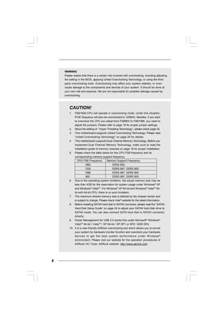 88888
CAUTION!
1. FSB1600-CPU will operate in overclocking mode. Under this situation,
PCIE frequency will also be overclocked to 120MHz. Besides, if you want
to overclock the CPU you adopt from FSB800 to FSB1066, you need to
adjust the jumpers. Please refer to page 19 for proper jumper settings.
2. About the setting of “Hyper Threading Technology”, please check page 32.
3. This motherboard supports Untied Overclocking Technology. Please read
“Untied Overclocking Technology” on page 25 for details.
4. This motherboard supports Dual Channel Memory Technology. Before you
implement Dual Channel Memory Technology, make sure to read the
installation guide of memory modules on page 16 for proper installation.
5. Please check the table below for the CPU FSB frequency and its
corresponding memory support frequency.
CPU FSB Frequency Memory Support Frequency
1600 DDR2 800
1333 DDR2 667, DDR2 800
1066 DDR2 667, DDR2 800
800 DDR2 667, DDR2 800
6. Due to the operating system limitation, the actual memory size may be
less than 4GB for the reservation for system usage under Windows®
XP
and Windows®
VistaTM
. For Windows®
XP 64-bit and Windows®
VistaTM
64-
bit with 64-bit CPU, there is no such limitation.
7. The maximum shared memory size is defined by the chipset vendor and
is subject to change. Please check Intel®
website for the latest information.
8. Before installing SATAII hard disk to SATAII connector, please read the “SATAII
Hard Disk Setup Guide” on page 24 to adjust your SATAII hard disk drive to
SATAII mode. You can also connect SATA hard disk to SATAII connector
directly.
9. Power Management for USB 2.0 works fine under Microsoft®
Windows®
VistaTM
64-bit / VistaTM
/ XP 64-bit / XP SP1 or SP2 / 2000 SP4.
10. It is a user-friendly ASRock overclocking tool which allows you to surveil
your system by hardware monitor function and overclock your hardware
devices to get the best system performance under Windows®
environment. Please visit our website for the operation procedures of
ASRock OC Tuner. ASRock website: http://www.asrock.com
WARNING
Please realize that there is a certain risk involved with overclocking, including adjusting
the setting in the BIOS, applying Untied Overclocking Technology, or using the third-
party overclocking tools. Overclocking may affect your system stability, or even
cause damage to the components and devices of your system. It should be done at
your own risk and expense. We are not responsible for possible damage caused by
overclocking.
 