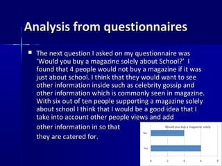 Analysis from questionnaires
   The next question I asked on my questionnaire was
    ‘Would you buy a magazine solely about School?’ I
    found that 4 people would not buy a magazine if it was
    just about school. I think that they would want to see
    other information inside such as celebrity gossip and
    other information which is commonly seen in magazine.
    With six out of ten people supporting a magazine solely
    about school I think that I would be a good idea that I
    take into account other people views and add
    other information in so that
    they are catered for.
 