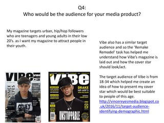 Q4:
Who would be the audience for your media product?
My magazine targets urban, hip/hop followers
who are teenagers and young adults in their low
20’s. as I want my magazine to attract people in
their youth.
Vibe also has a similar target
audience and so the ‘Remake
Remodel’ task has helped me
understand how Vibe’s magazine is
laid out and how the cover star
should look/act.
The target audience of Vibe is from
18-34 which helped me create an
idea of how to present my cover
star which would be best suitable
to people of this age.
http://vincereyesmedia.blogspot.co
.uk/2016/11/target-audience-
identifying-demographic.html
 