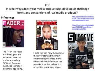 Q1:
In what ways does your media product use, develop or challenge
forms and conventions of real media products?
Influences: http://vincereyesmedia.blogspot.
co.uk/2016/12/drafting-planning-
masthead-influence.html
http://vincereyesmedia.blogspot.
co.uk/2016/11/research-into-
similar-products.html
The “F” in this Fader
masthead gave me
an idea to have this
border around my
“S” in my Supreme
masthead to make it
look more appealing.
I liked the way how the name of
the cover star and the main
cover line is presented in this
cover and so It influenced me
to make it similar to how it is
presented in my front cover.
 