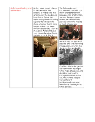 Actor’s positioning and   Actors were nearly always      We followed many
movement                  in the centre of the           conventions, such as our
                          screen, to make sure the       main character always
                          attention of the audience      being centre of attention,
                          is on them. The actors         such as the pub scene
                          were always seen as being      where we deliberately
                          superior to others in the      placed him in the middle
                          shots, whether that is from    of the 3 characters.
                          height, speech or even
                          use of weaponary, such as
                          in Snatch. Actors moved
                          very assuredly, very strong,
                          such as in Lock, Stock.


                                                         He was very straight in his
                                                         posture and was towering
                                                         in his presence when the
                                                         single mother walked by.




                                                         Our film did challenge the
                                                         convention of having a
                                                         white main character. We
                                                         decided to show the
                                                         change in culture in the
                                                         country, where people
                                                         from different
                                                         backgrounds are now
                                                         seen in the same light as
                                                         white people.
 